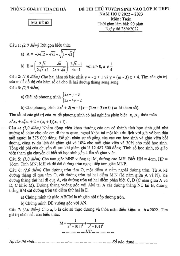 Đề thi thử Toán vào lớp 10 năm 2022 – 2023 phòng GD&ĐT Thạch Hà – Hà Tĩnh