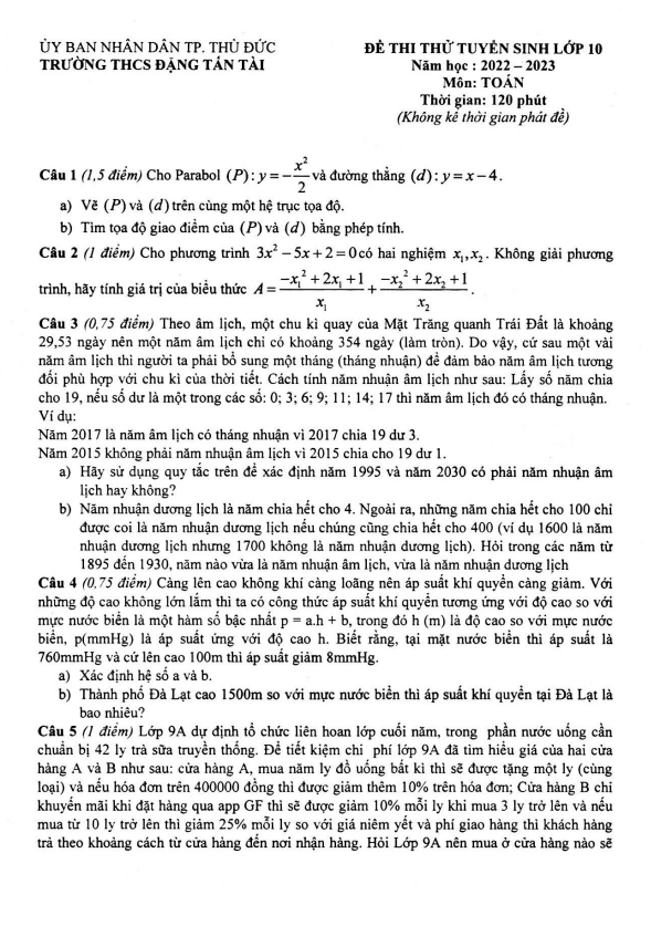 Đề thi thử Toán vào lớp 10 năm 2022 – 2023 trường THCS Đặng Tấn Tài – TP HCM