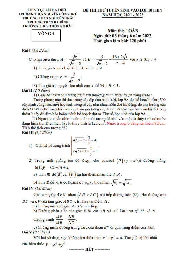 Đề thi thử Toán vào lớp 10 năm 2022 cụm trường THCS quận Ba Đình – Hà Nội