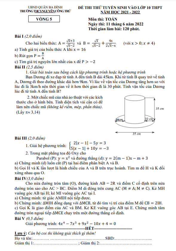 Đề thi thử Toán vào lớp 10 năm 2022 vòng 5 trường THCS Nguyễn Công Trứ – Hà Nội