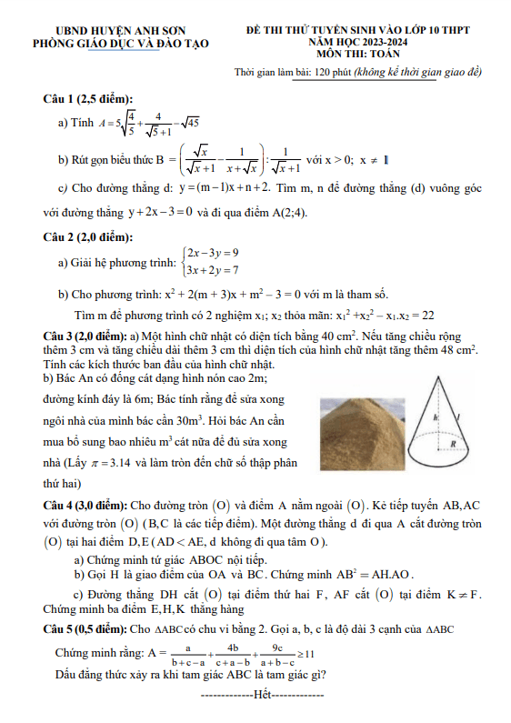 Đề thi thử Toán vào lớp 10 năm 2023 – 2024 phòng GD&ĐT Anh Sơn – Nghệ An