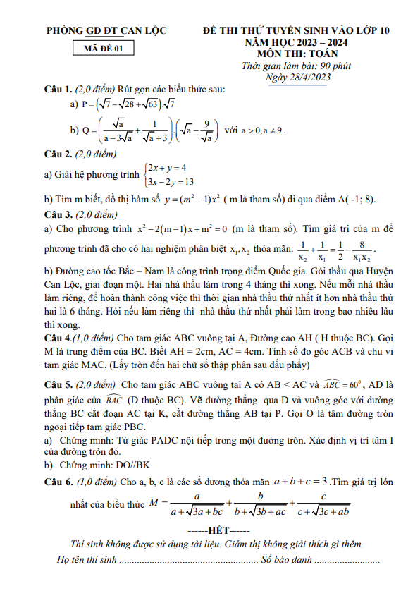 Đề thi thử Toán vào lớp 10 năm 2023 – 2024 phòng GD&ĐT Can Lộc – Hà Tĩnh