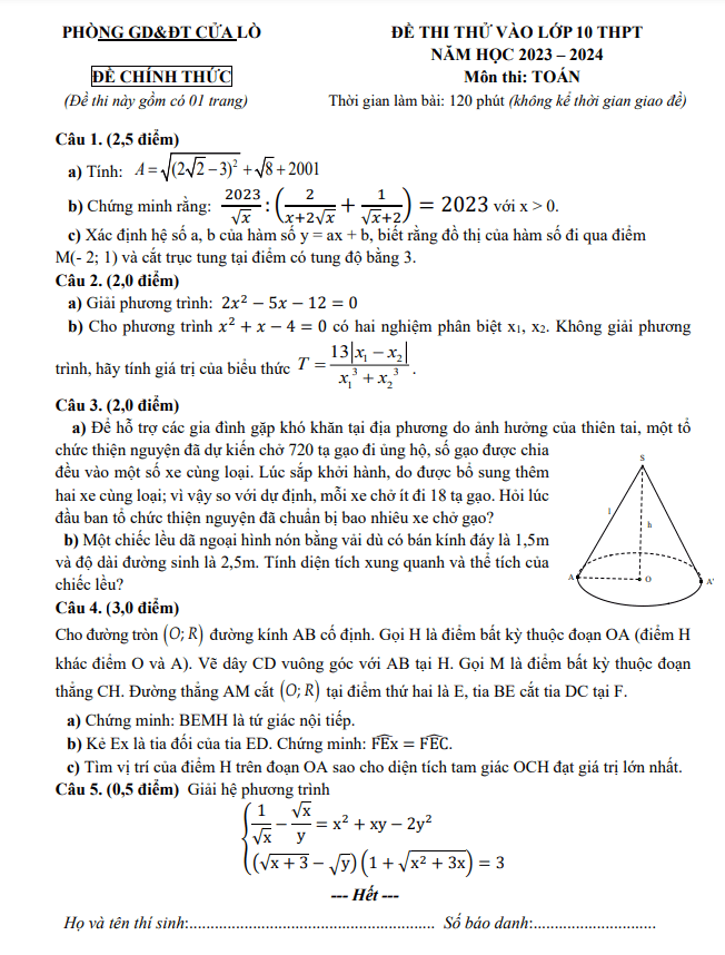 Đề thi thử Toán vào lớp 10 năm 2023 – 2024 phòng GD&ĐT Cửa Lò – Nghệ An