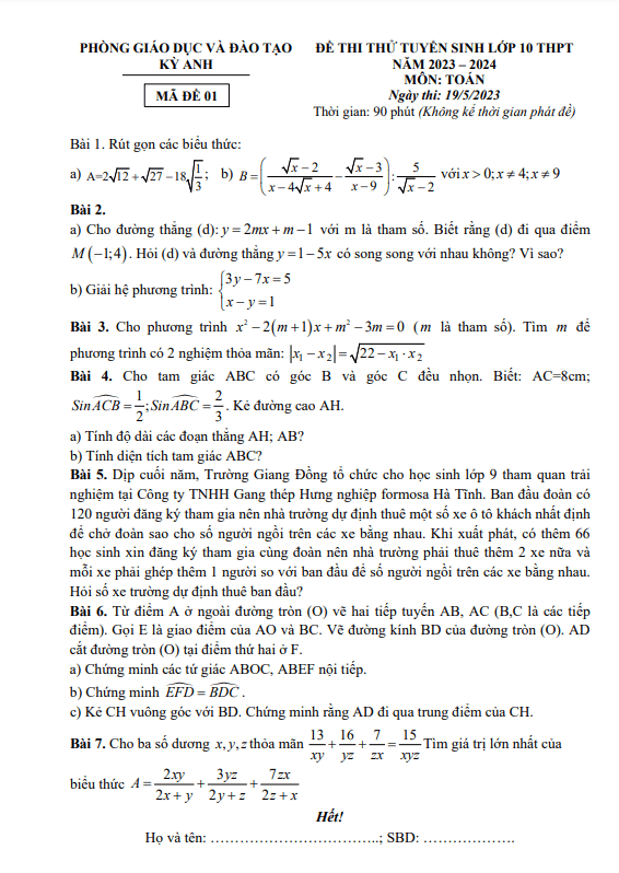 Đề thi thử Toán vào lớp 10 năm 2023 – 2024 phòng GD&ĐT Kỳ Anh – Hà Tĩnh