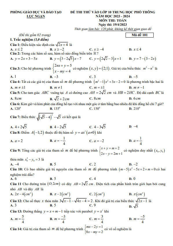 Đề thi thử Toán vào lớp 10 năm 2023 – 2024 phòng GD&ĐT Lục Ngạn – Bắc Giang