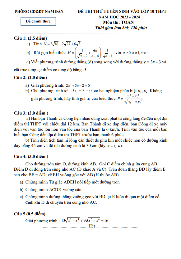 Đề thi thử Toán vào lớp 10 năm 2023 – 2024 phòng GD&ĐT Nam Đàn – Nghệ An