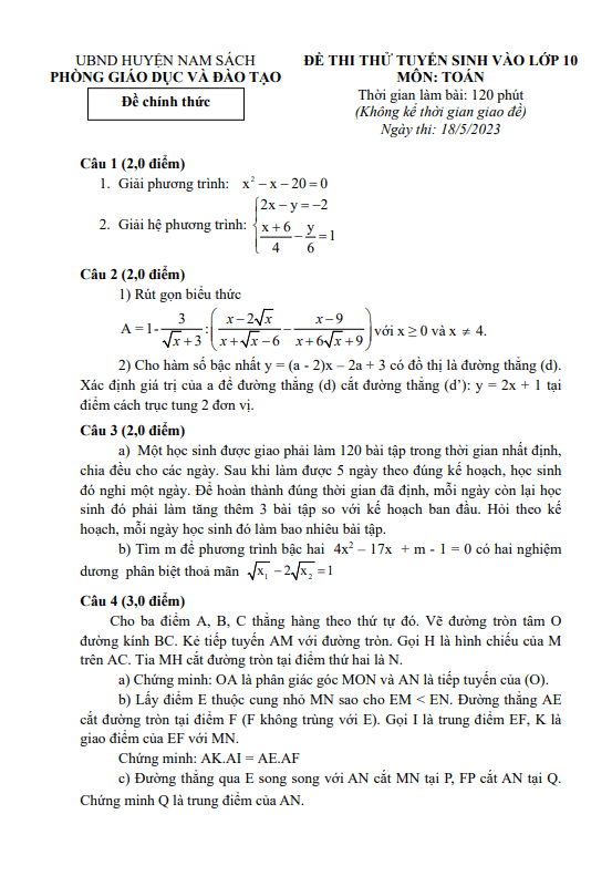 Đề thi thử Toán vào lớp 10 năm 2023 – 2024 phòng GD&ĐT Nam Sách – Hải Dương