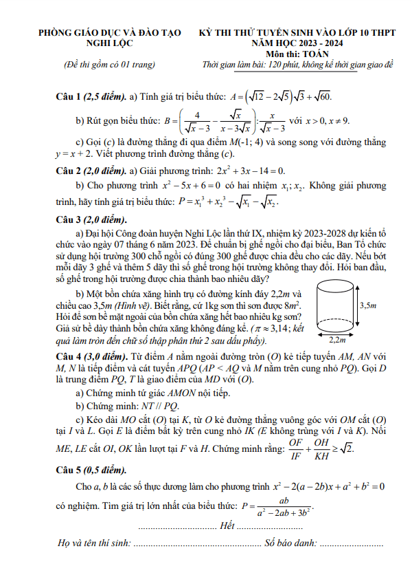 Đề thi thử Toán vào lớp 10 năm 2023 – 2024 phòng GD&ĐT Nghi Lộc – Nghệ An