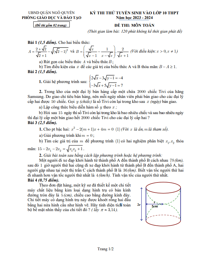 Đề thi thử Toán vào lớp 10 năm 2023 – 2024 phòng GD&ĐT Ngô Quyền – Hải Phòng