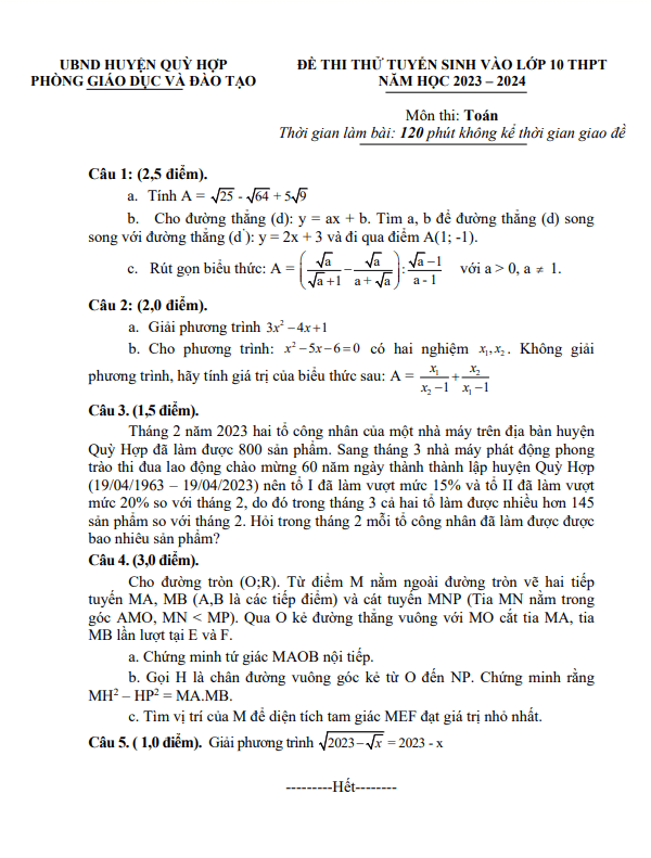 Đề thi thử Toán vào lớp 10 năm 2023 – 2024 phòng GD&ĐT Quỳ Hợp – Nghệ An