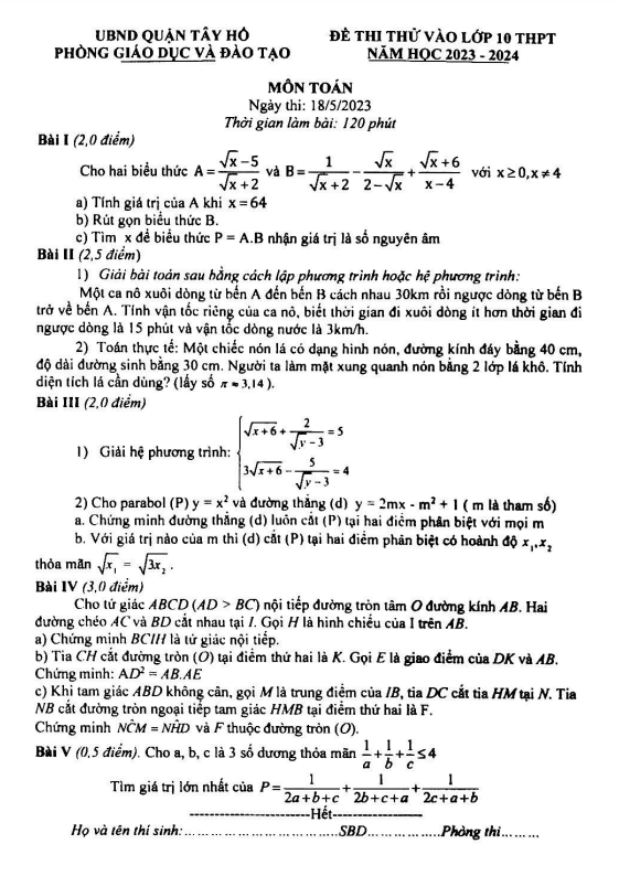 Đề thi thử Toán vào lớp 10 năm 2023 – 2024 phòng GD&ĐT Tây Hồ – Hà Nội