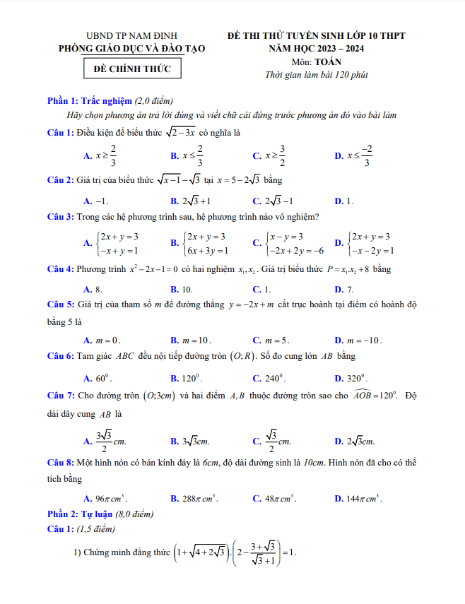 Đề thi thử Toán vào lớp 10 năm 2023 – 2024 phòng GD&ĐT thành phố Nam Định