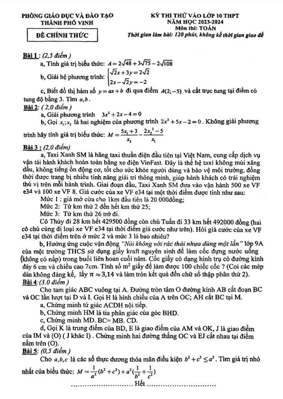 Đề thi thử Toán vào lớp 10 năm 2023 – 2024 phòng GD&ĐT thành phố Vinh – Nghệ An