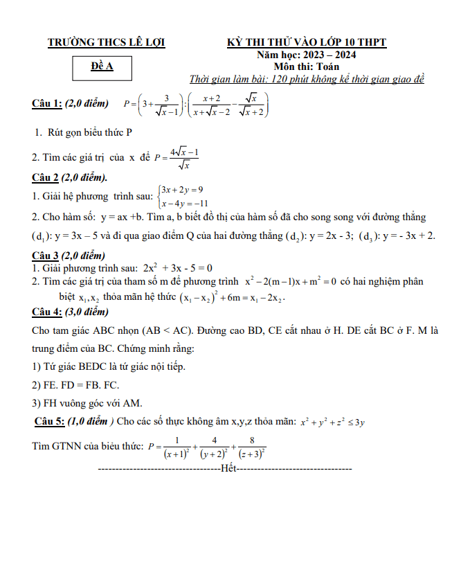 Đề thi thử Toán vào lớp 10 năm 2023 – 2024 trường THCS Lê Lợi – Thanh Hóa