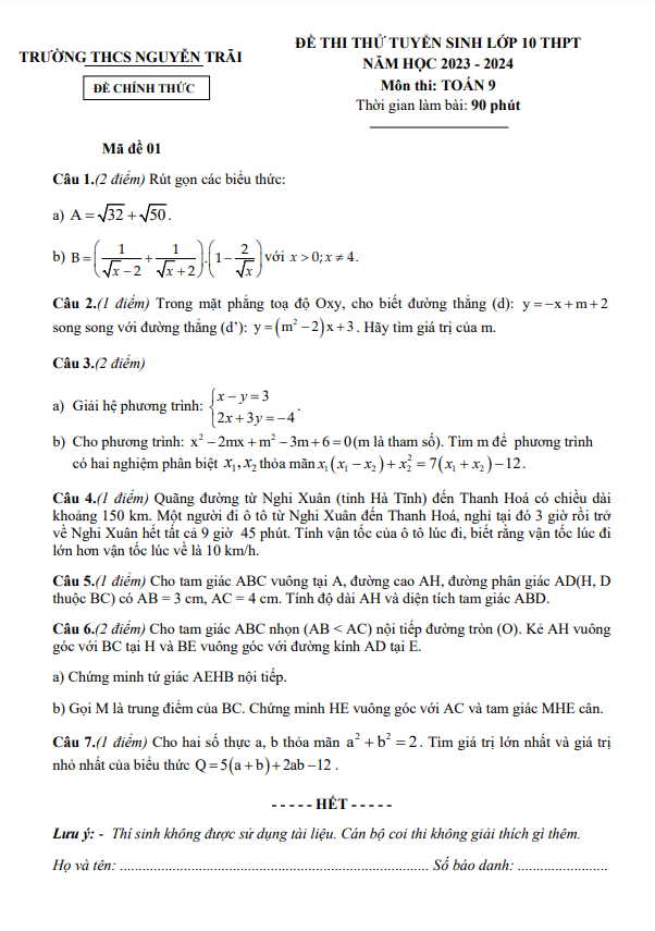 Đề thi thử Toán vào lớp 10 năm 2023 – 2024 trường THCS Nguyễn Trãi – Hà Tĩnh
