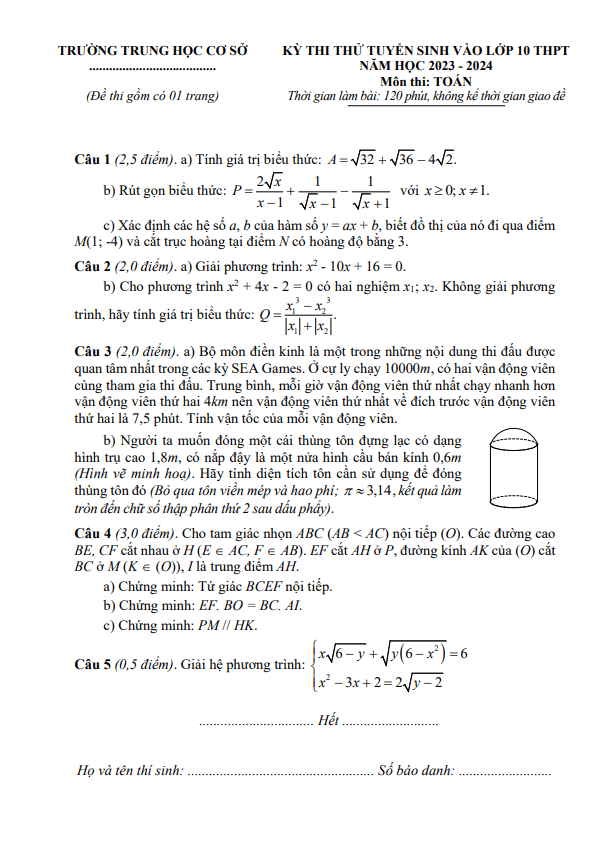 Đề thi thử Toán vào lớp 10 năm 2023 – 2024 trường THCS Phúc Thọ – Nghệ An