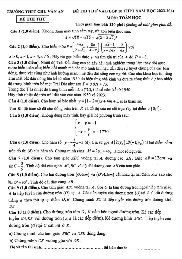 Đề thi thử Toán vào lớp 10 năm 2023 – 2024 trường THPT Chu Văn An – Thái Nguyên