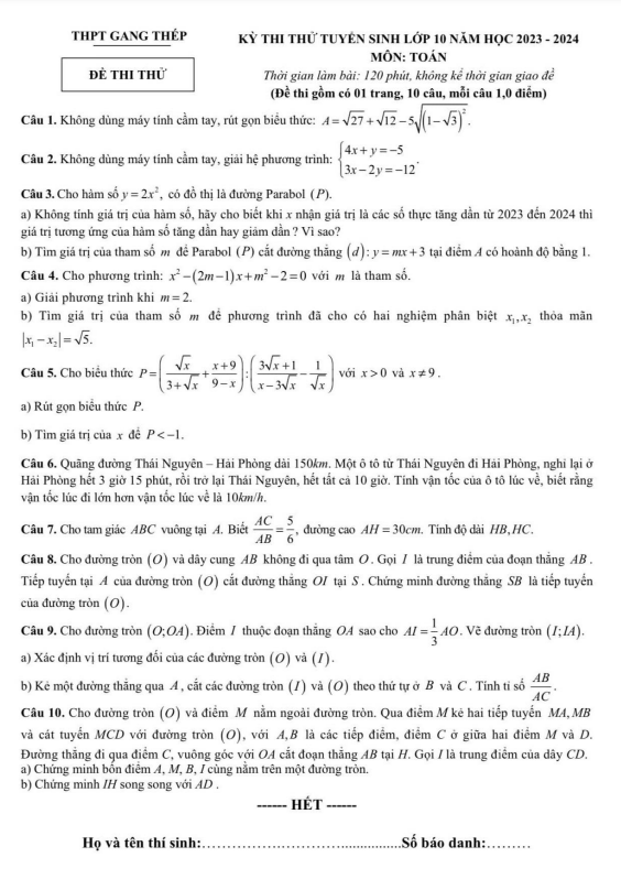 Đề thi thử Toán vào lớp 10 năm 2023 – 2024 trường THPT Gang Thép – Thái Nguyên