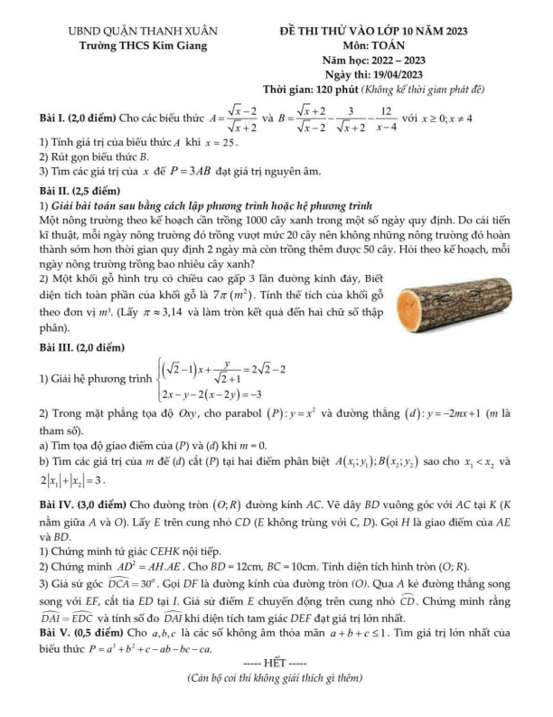 Đề thi thử Toán vào lớp 10 năm 2023 trường THCS Kim Giang – Hà Nội