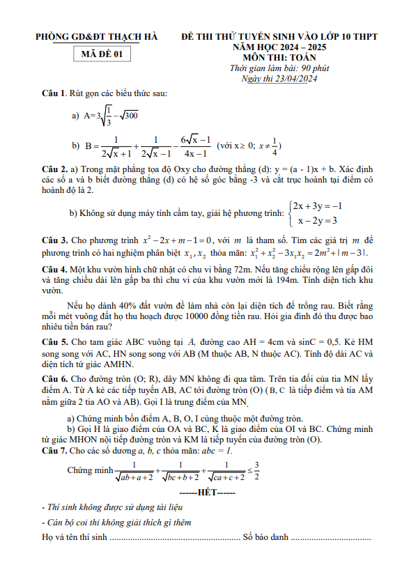 Đề thi thử Toán vào lớp 10 năm 2024 – 2025 phòng GD&ĐT Thạch Hà – Hà Tĩnh