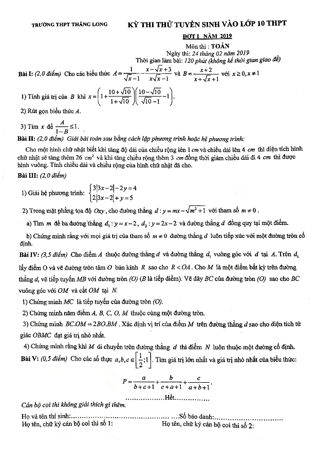 Đề thi thử Toán vào lớp 10 THPT đợt 1 năm 2019 trường Thăng Long – Hà Nội