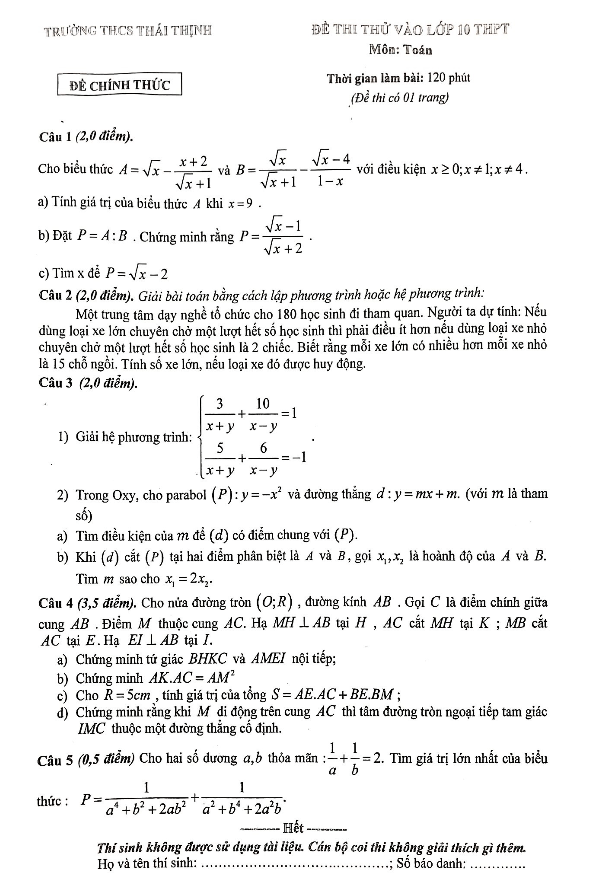 Đề thi thử Toán vào lớp 10 THPT năm 2019 trường THCS Thái Thịnh – Hà Nội