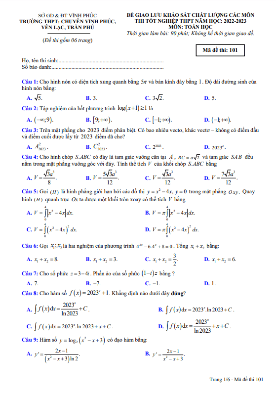 Đề thi thử tốt nghiệp THPT 2023 môn Toán cụm trường THPT – Vĩnh Phúc