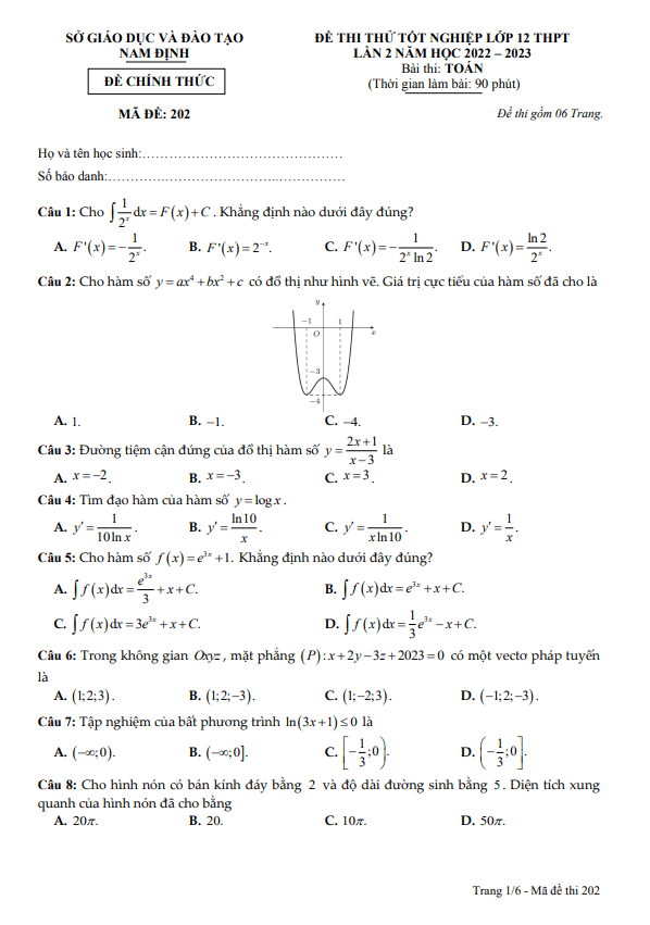 Đề thi thử tốt nghiệp THPT 2023 môn Toán lần 2 sở GD&ĐT Nam Định