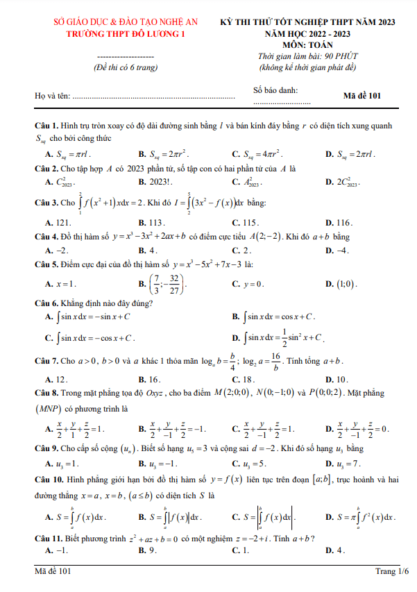 Đề thi thử tốt nghiệp THPT 2023 môn Toán trường THPT Đô Lương 1 – Nghệ An