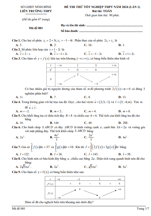 Đề thi thử tốt nghiệp THPT 2024 môn Toán lần 1 liên trường THPT – Ninh Bình