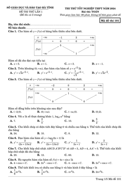 Đề thi thử tốt nghiệp THPT 2024 môn Toán lần 1 sở GD&ĐT Hà Tĩnh