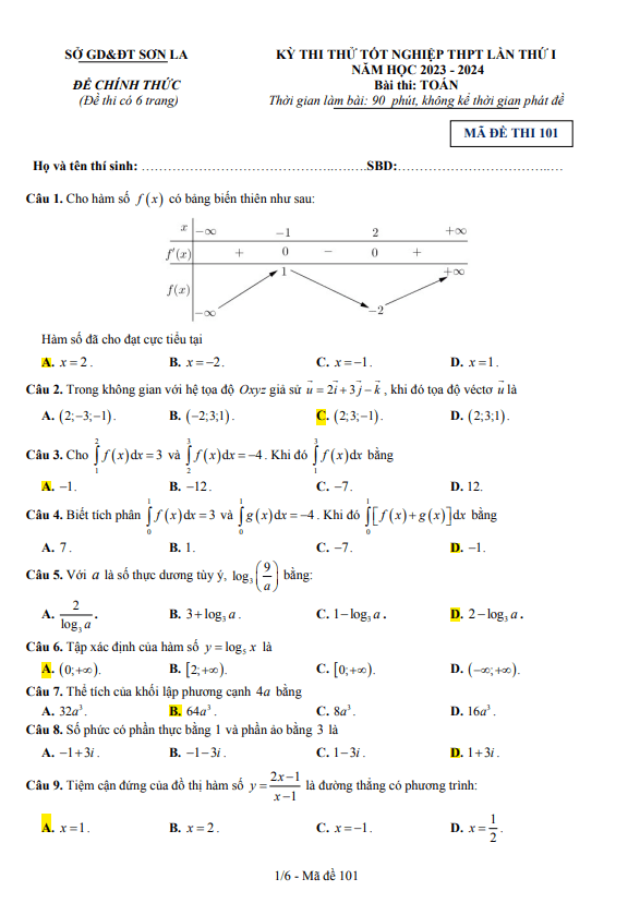 Đề thi thử tốt nghiệp THPT 2024 môn Toán lần 1 sở GD&ĐT Sơn La