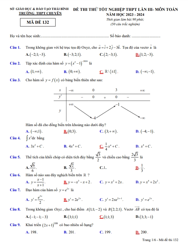 Đề thi thử tốt nghiệp THPT 2024 môn Toán lần 3 trường THPT chuyên Thái Bình