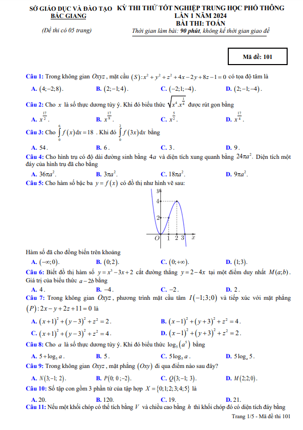 Đề thi thử tốt nghiệp THPT lần 1 năm 2024 môn Toán sở GD&ĐT Bắc Giang