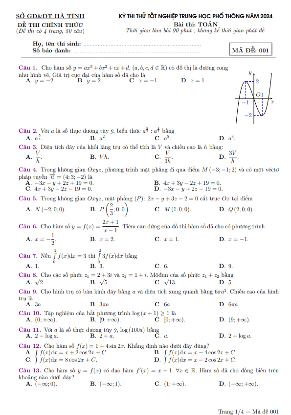 Đề thi thử tốt nghiệp THPT năm 2024 môn Toán sở GD&ĐT Hà Tĩnh