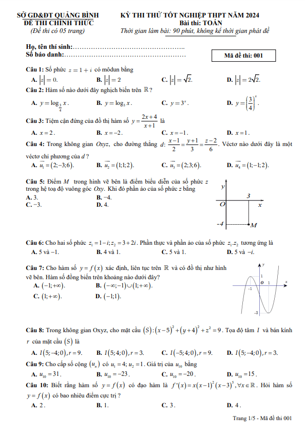 Đề thi thử tốt nghiệp THPT năm 2024 môn Toán sở GD&ĐT Quảng Bình