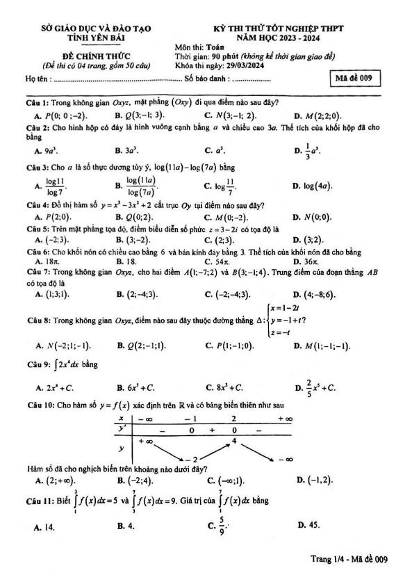 Đề thi thử tốt nghiệp THPT năm 2024 môn Toán sở GD&ĐT Yên Bái