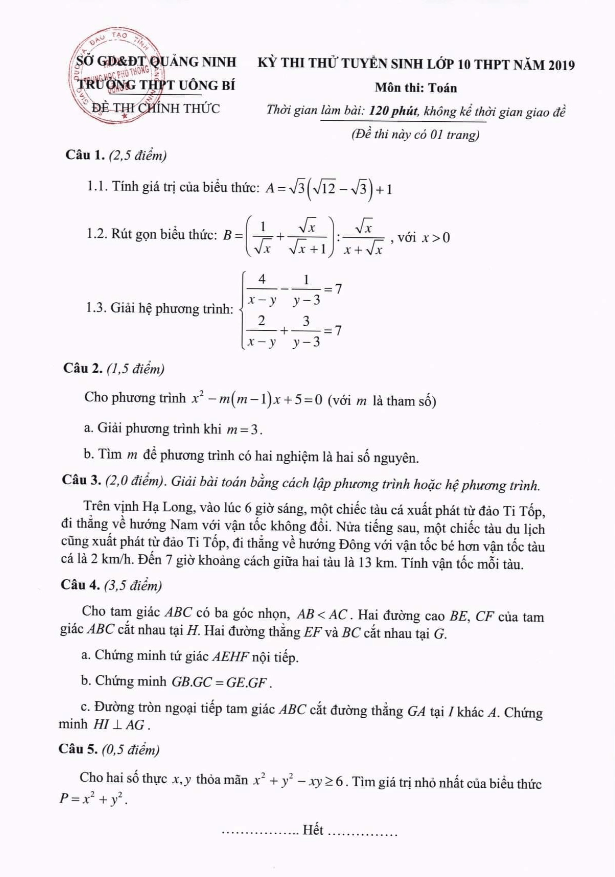 Đề thi thử tuyển sinh lớp 10 môn Toán năm 2019 trường THPT Uông Bí – Quảng Ninh