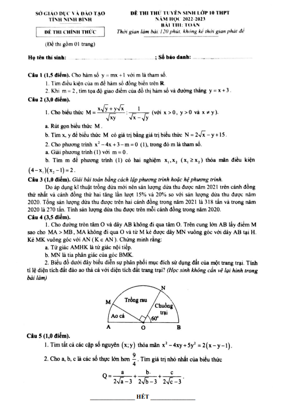 Đề thi thử tuyển sinh lớp 10 môn Toán năm 2022 – 2023 sở GD&ĐT Ninh Bình