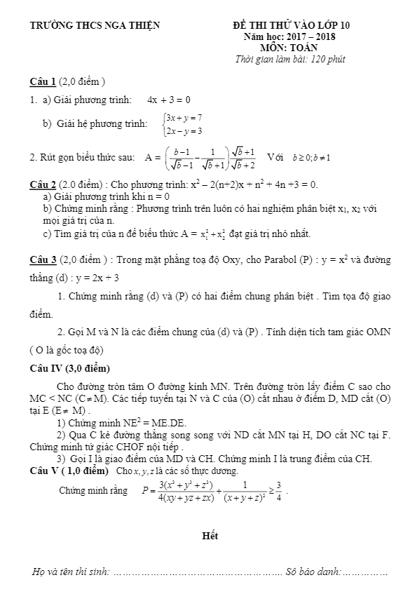 Đề thi thử tuyển sinh lớp 10 năm học 2017 – 2018 môn Toán trường THCS Nga Thiện – Thanh Hóa