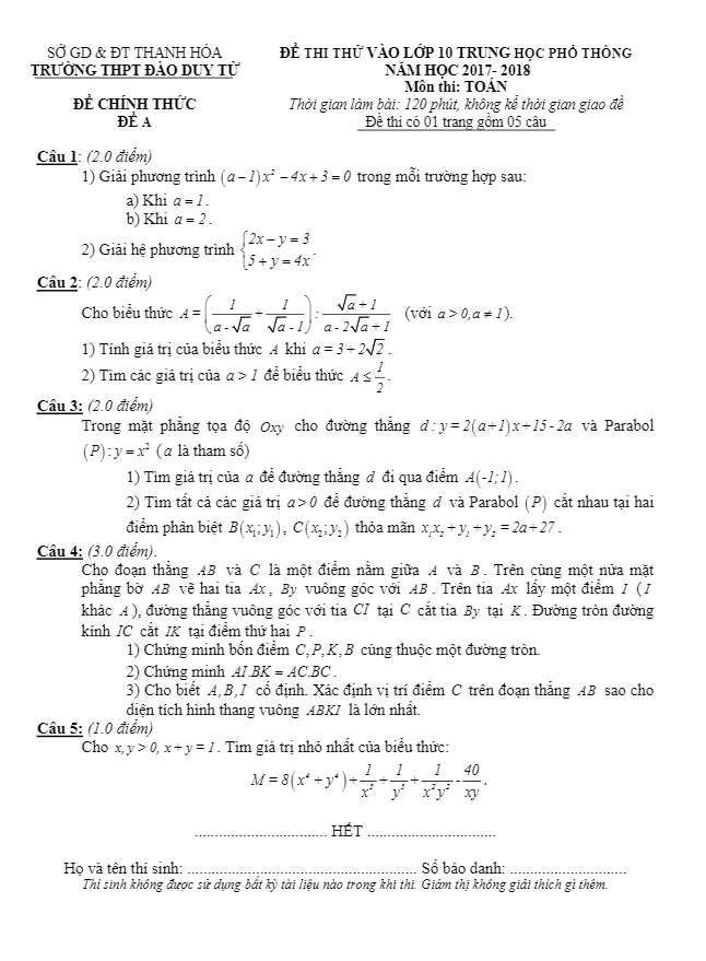 Đề thi thử tuyển sinh lớp 10 THPT năm học 2017 – 2018 môn Toán trường THPT Đào Duy Từ – Thanh Hóa