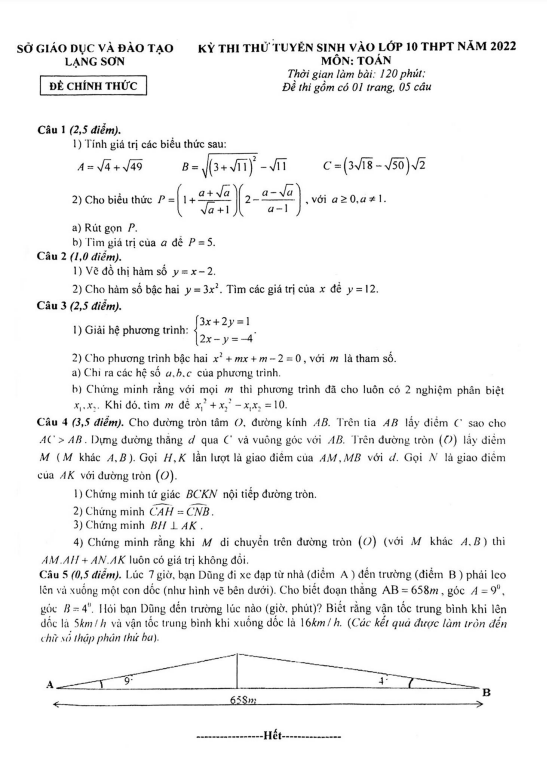 Đề thi thử tuyển sinh vào lớp 10 môn Toán năm 2022 sở GD&ĐT Lạng Sơn
