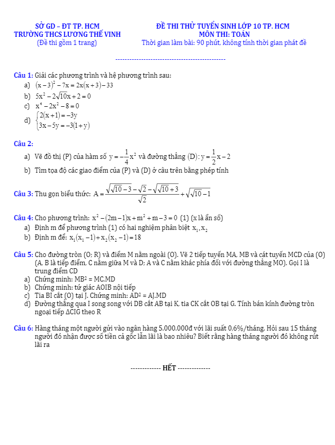 Đề thi thử tuyển sinh vào lớp 10 năm 2017 môn Toán trường THCS Lương Thế Vinh – TP. HCM