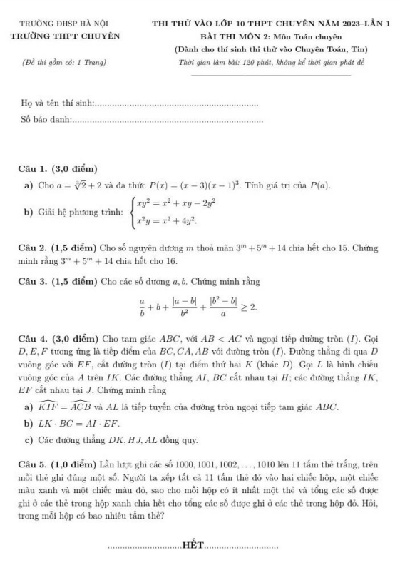 Đề thi thử vào 10 chuyên 2023 lần 1 Toán chuyên trường THPT chuyên ĐHSP Hà Nội