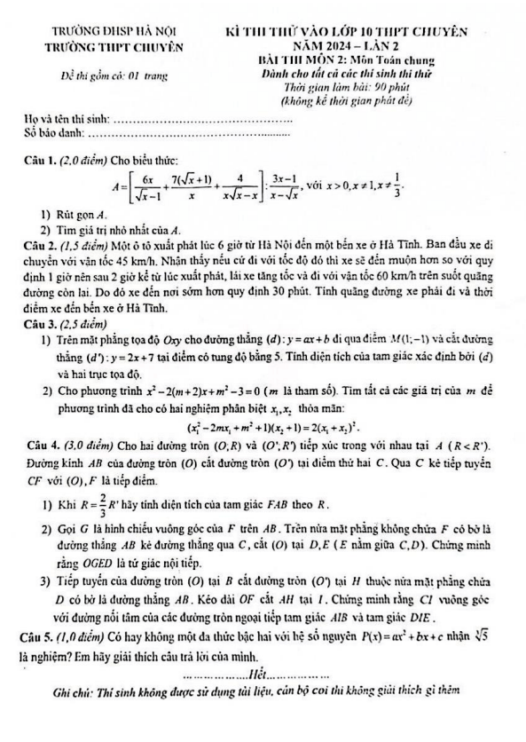 Đề thi thử vào 10 chuyên môn Toán (chung) năm 2024 lần 2 trường chuyên ĐHSP Hà Nội