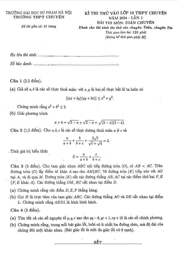 Đề thi thử vào 10 chuyên môn Toán (chuyên) năm 2024 lần 1 trường chuyên ĐHSP Hà Nội