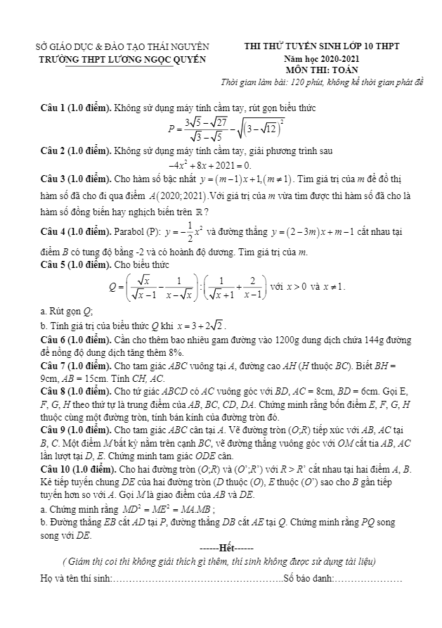 Đề thi thử vào 10 môn Toán năm 2020 – 2021 trường THPT Lương Ngọc Quyến – Thái Nguyên