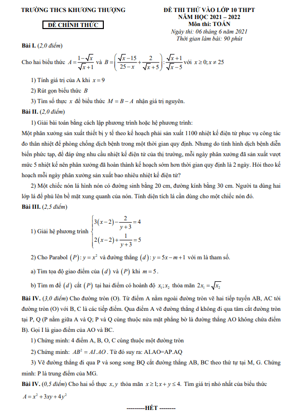 Đề thi thử vào 10 môn Toán năm 2021 – 2022 trường Khương Thượng – Hà Nội