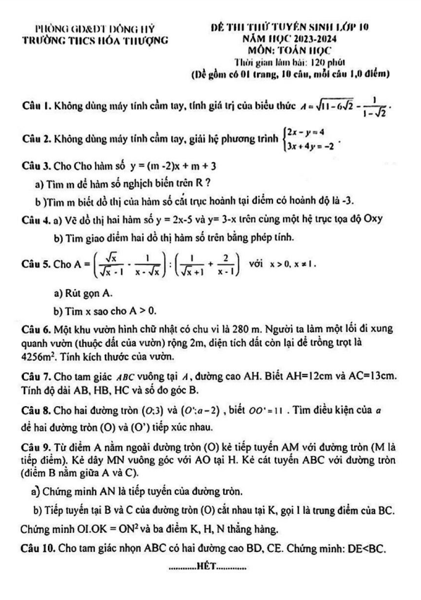 Đề thi thử vào 10 môn Toán năm 2023 – 2024 trường THCS Hoá Thượng – Thái Nguyên