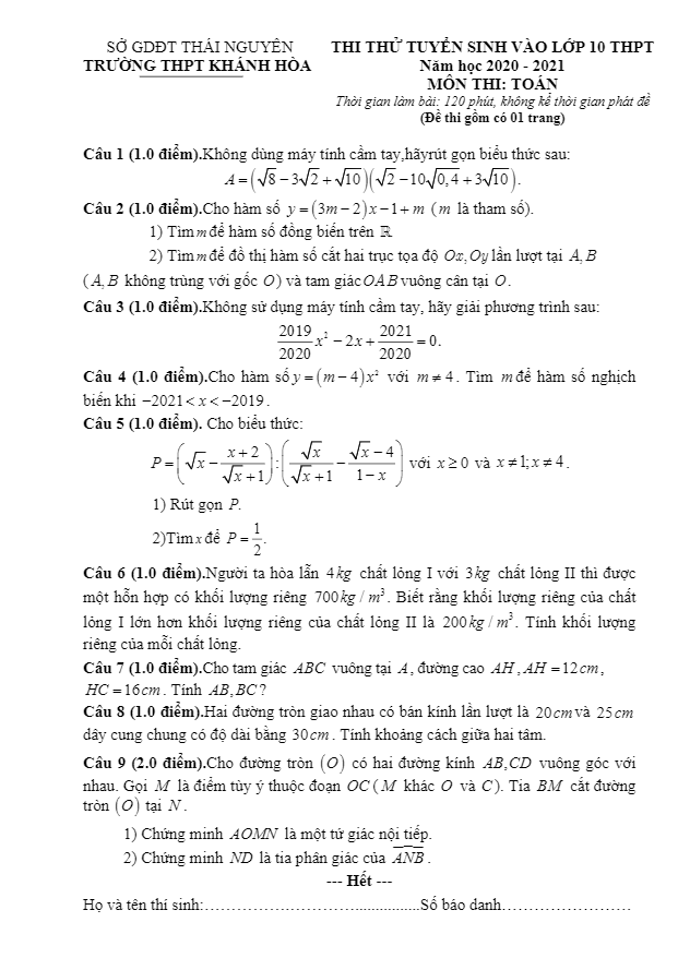 Đề thi thử vào 10 năm 2020 – 2021 môn Toán trường Khánh Hòa – Thái Nguyên